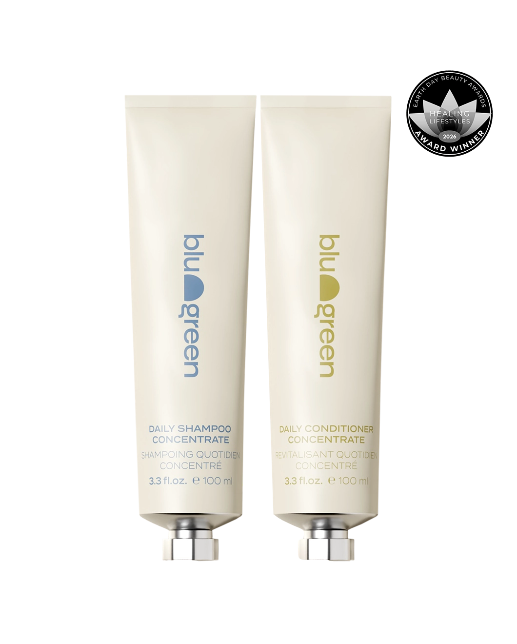 Blu & Green Daily Shampoo and Conditioner Concentrates. Award-winning clean hair care in 100ml aluminum tubes