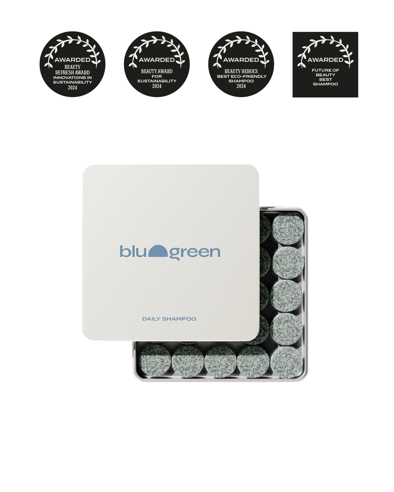 Blu & Green's award-winning clean beauty Daily Shampoo Tablets for cleansing, clarifying, and nourishing.