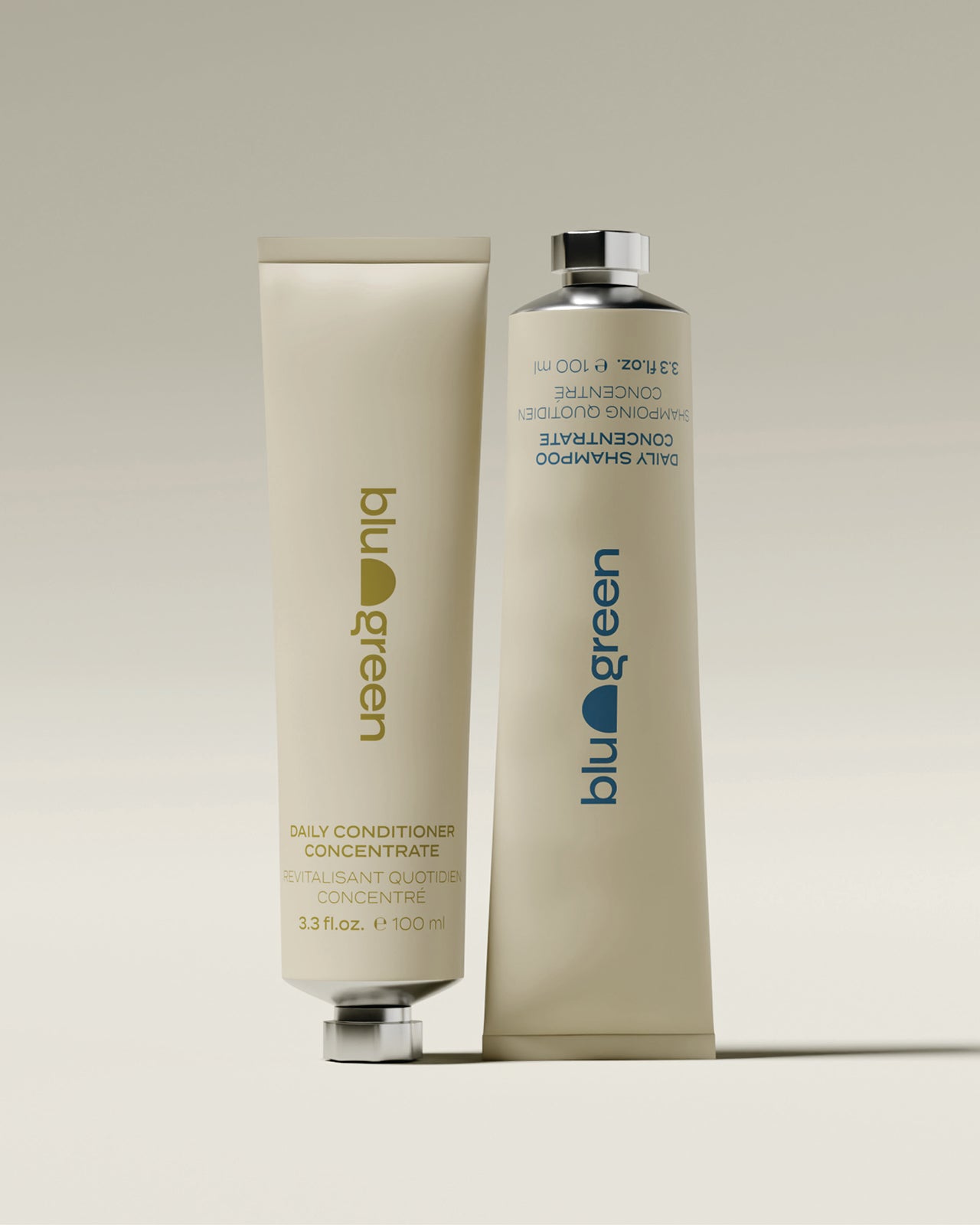 Blu & Green Daily Shampoo and Conditioner Concentrates in 100ml eco-friendly aluminum tubes.