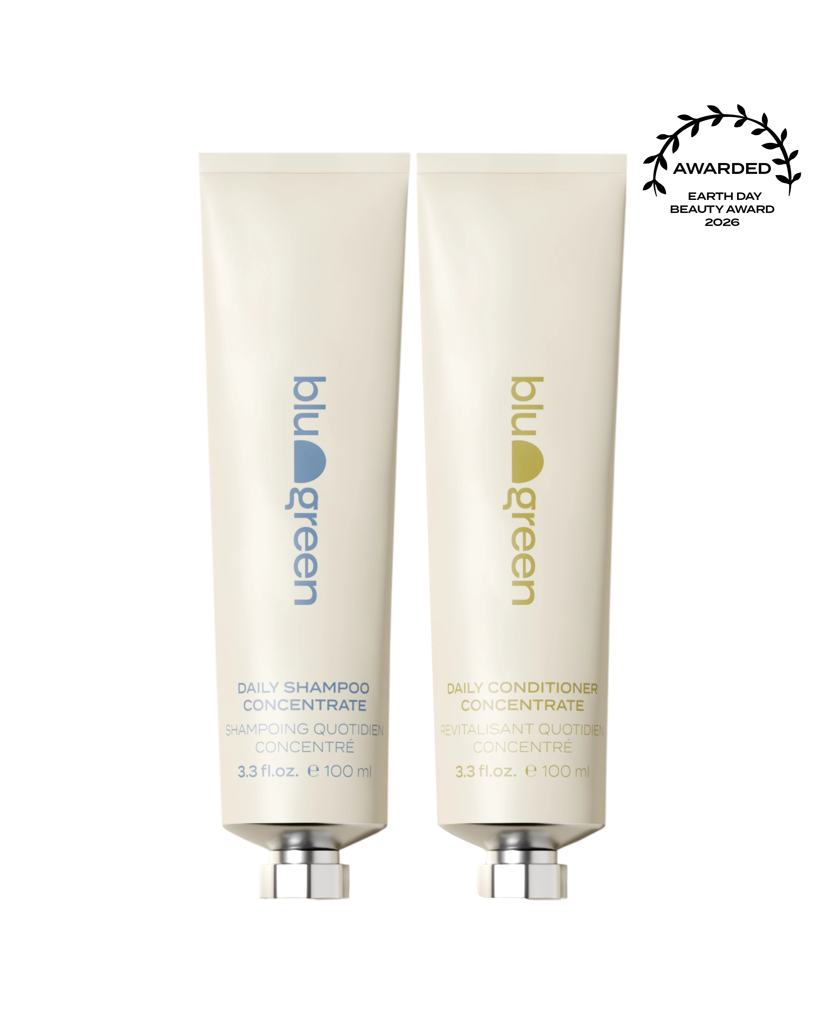 Blu & Green Daily Shampoo and Conditioner Concentrates. Award-winning clean hair care in 100ml aluminum tubes