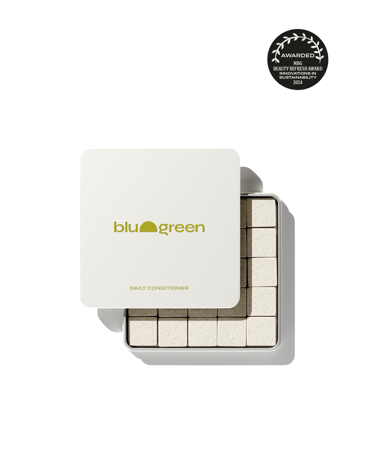 Blu & Green Daily Conditioner Tablets in reusable tin, award-winning sustainable plastic-free hair care.