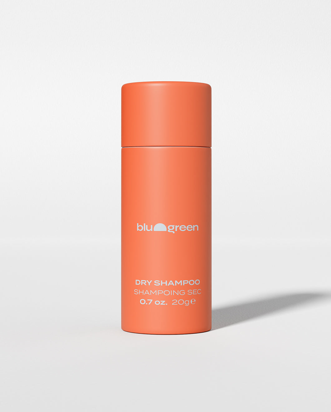 Blu & Green Dry Shampoo, 0.7 oz bright orange recyclable bottle, eco-friendly aerosol-free powder.