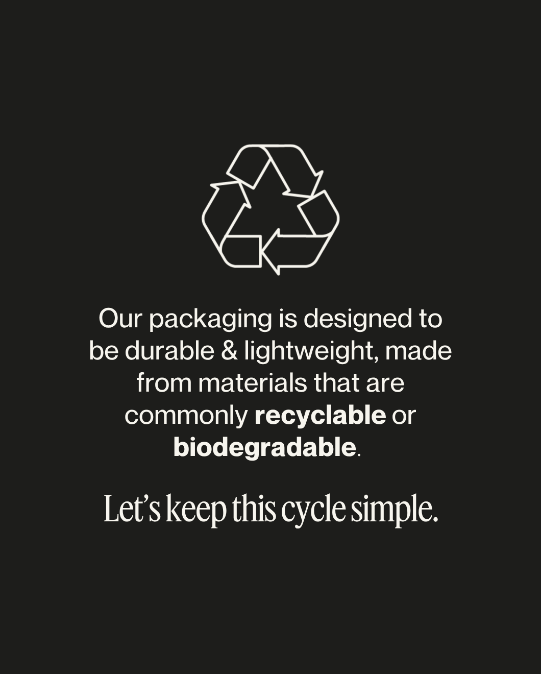 Blu & Green graphic with a recycling symbol highlighting their commitment to creating packaging from materials that are commonly recyclable or biodegradable, such as aluminum tins.