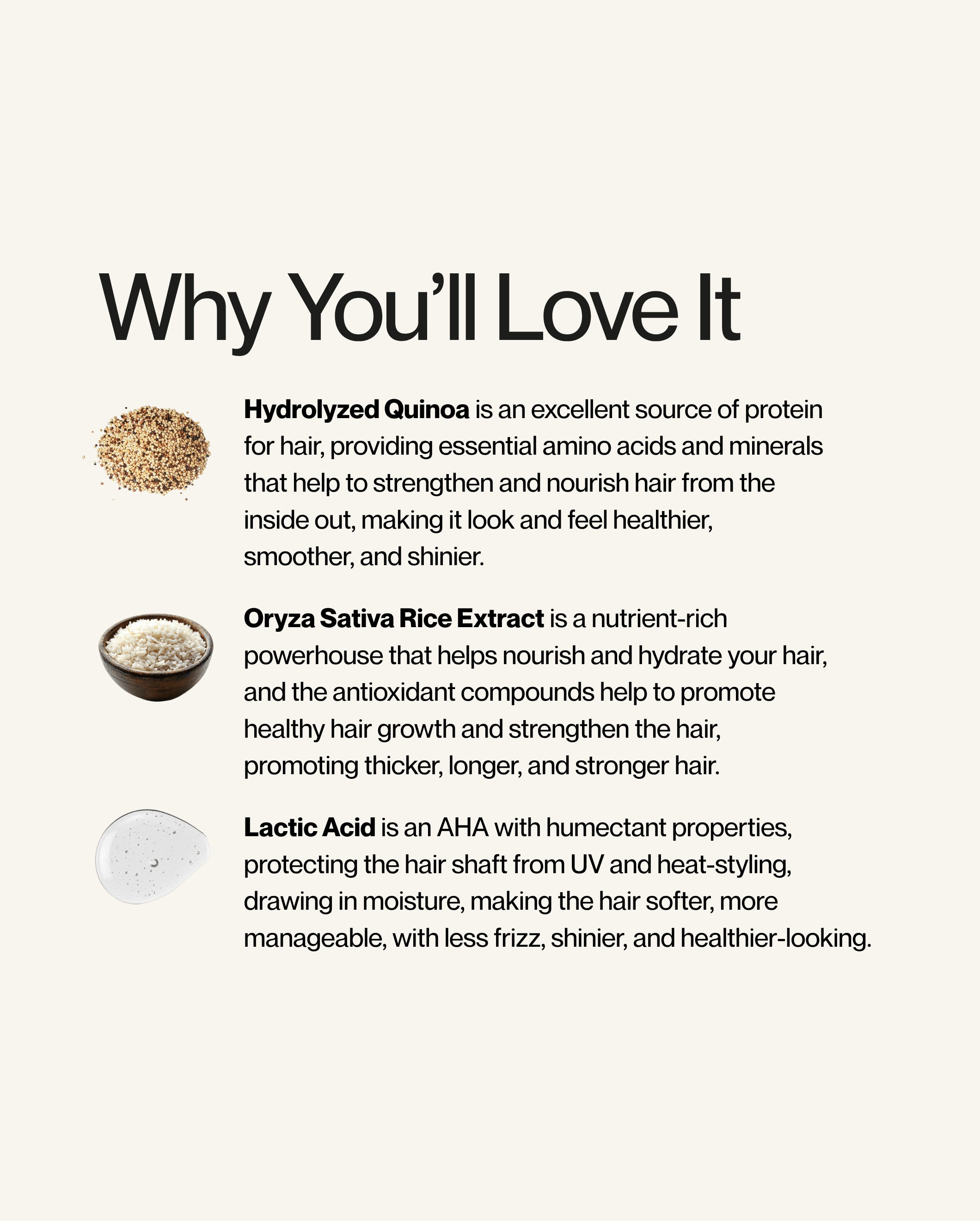 Blu & Green Weekly Repair Mask featured ingredients graphic highlighting hydrolyzed quinoa for strength, rice extract for hair growth, and lactic acid for moisture and frizz control.