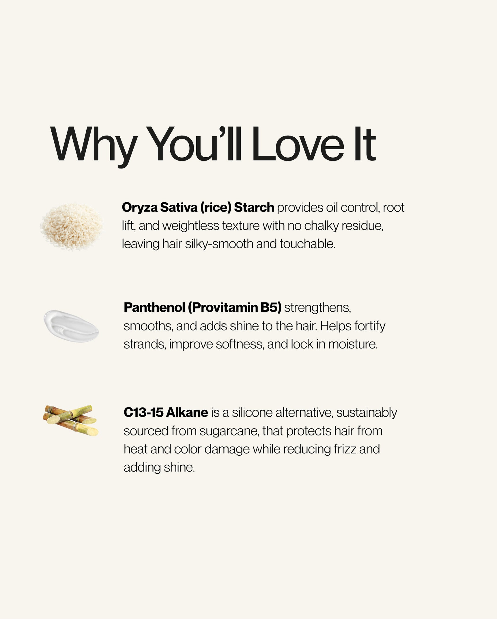 Blu & Green Rise + Set Light Styling Cream featured ingredients graphic highlighting rice starch for weightless texture, panthenol for softness and shine, and sustainable sugarcane alkane for heat and color protection.