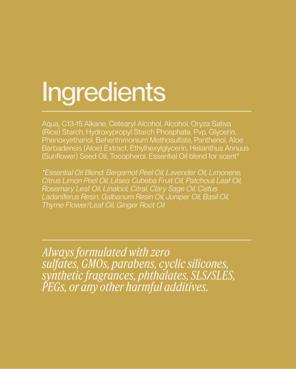 Ingredient list for Blu & Green Rise + Set Light Styling Cream featuring clean ingredients with sugarcane-derived C13-15 alkane, panthenol, and aloe with no sulfates, parabens, or synthetic fragrances.