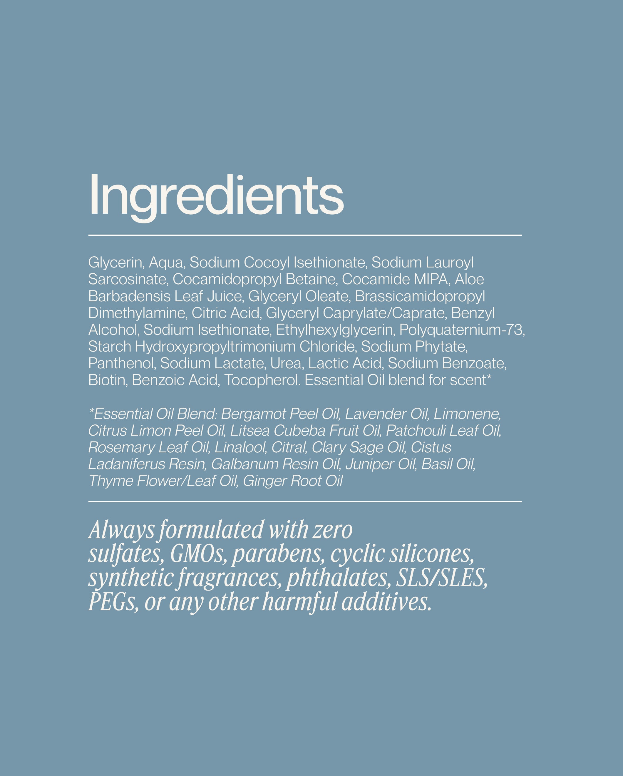 Blu & Green Daily Shampoo Concentrate full ingredient list. Sulfate-free, SLS-free, paraben-free formula with panthenol, biotin, aloe, and natural essential oil blend.