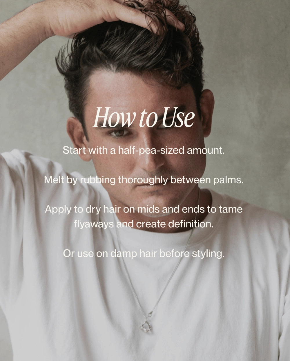 How to use Blu & Green Solid Oil: melt a half-pea-sized amount between palms and apply to dry or damp hair at mids and ends for flyaway control and definition