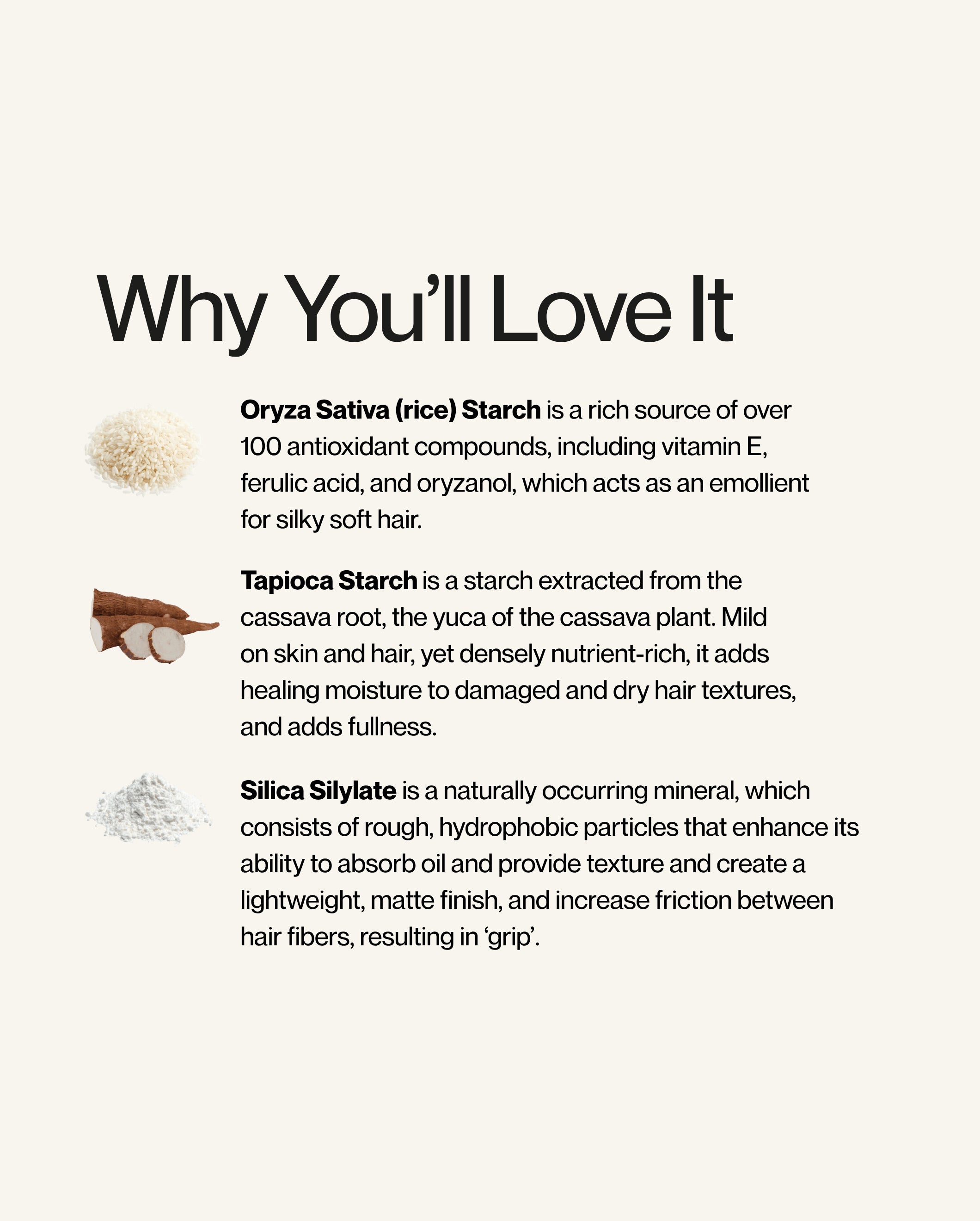 Why you'll love Blu & Green Texture Dust: key ingredients rice starch antioxidants for silky hair, tapioca starch for fullness and moisture, and silica silylate for oil absorption and grip