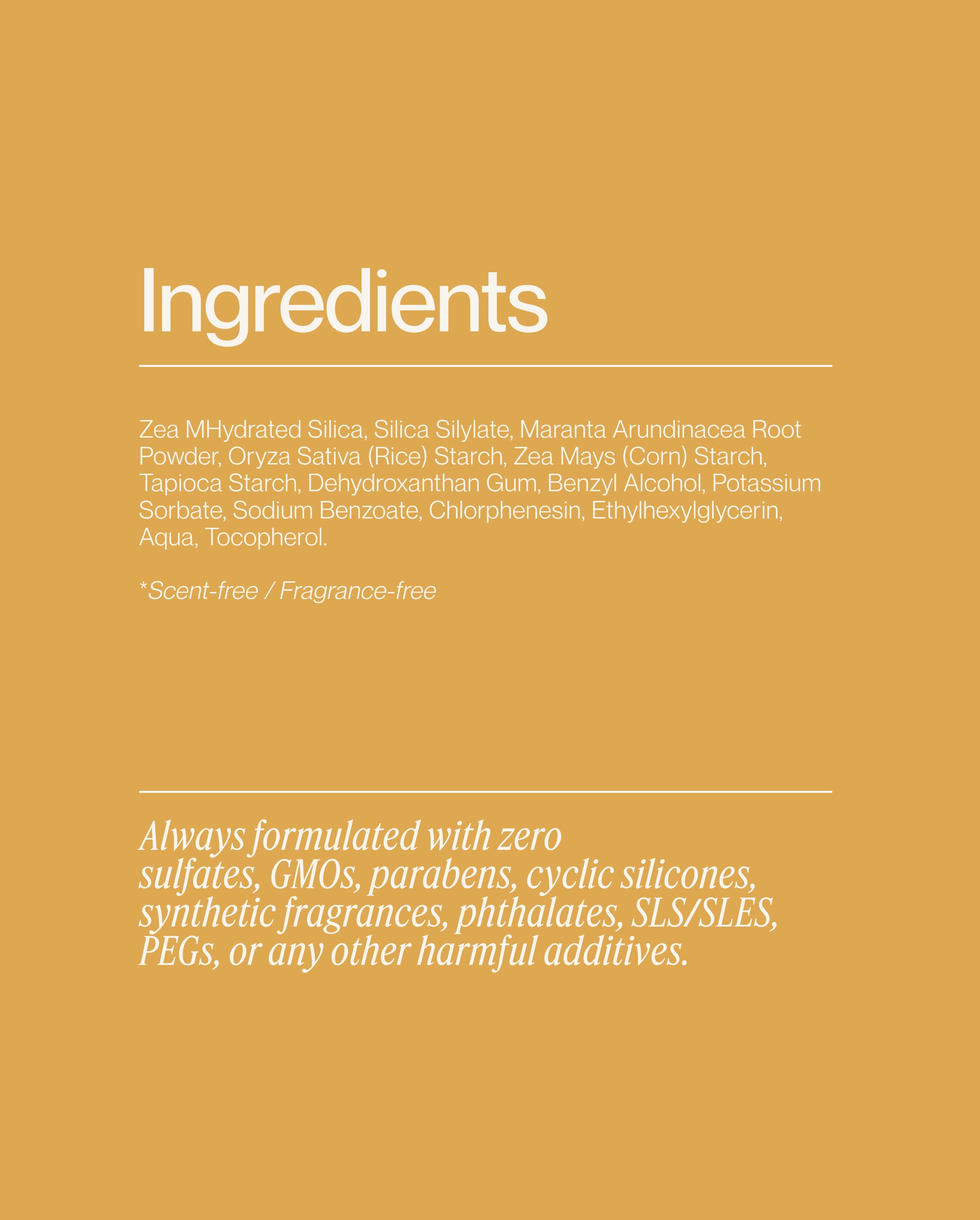 Ingredient list for Blu & Green Texture Dust featuring a clean, scent-free formula with rice starch, tapioca starch, and silica silylate with no sulfates, parabens, or synthetic fragrances