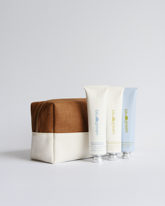 Blu & Green’s exclusive Holiday Self Care Set with the Daily Shampoo and Conditioner Concentrates, Weekly Repair Mask, and sustainable canvas gift bag.
