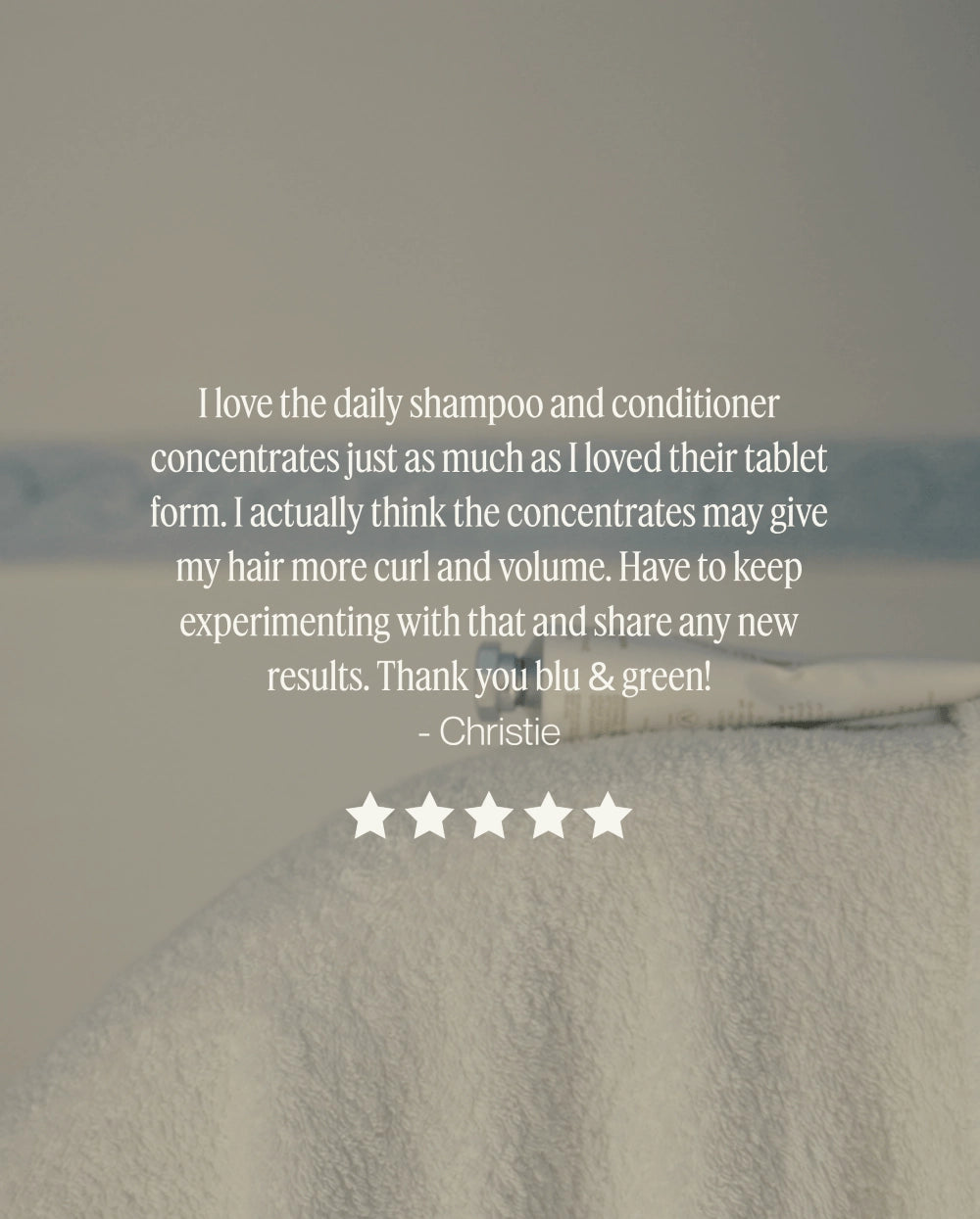Five-star customer review for Blu & Green daily shampoo and conditioner concentrates praising curl definition and volume