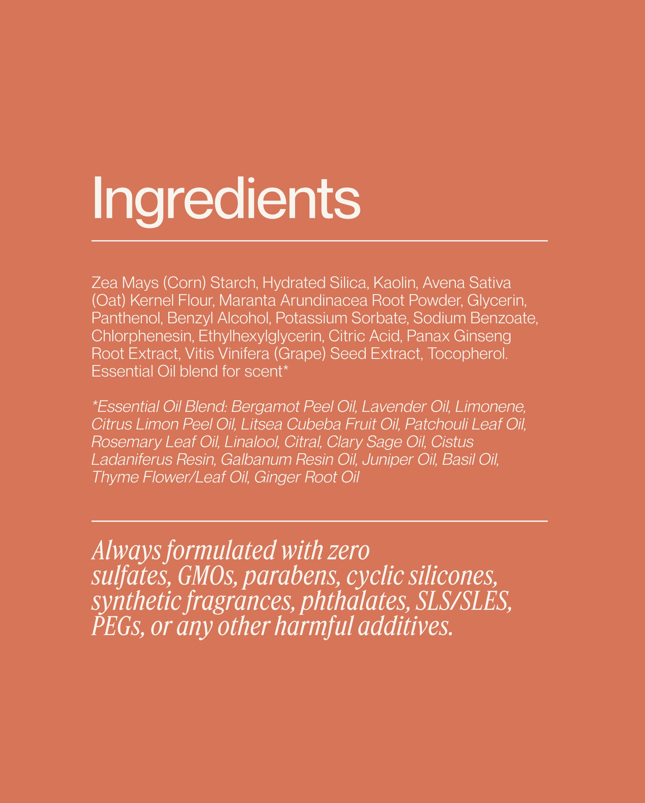 Blu & Green's Dry Shampoo ingredient list, including arrowroot powder, ginseng root extract, and oat kernel.