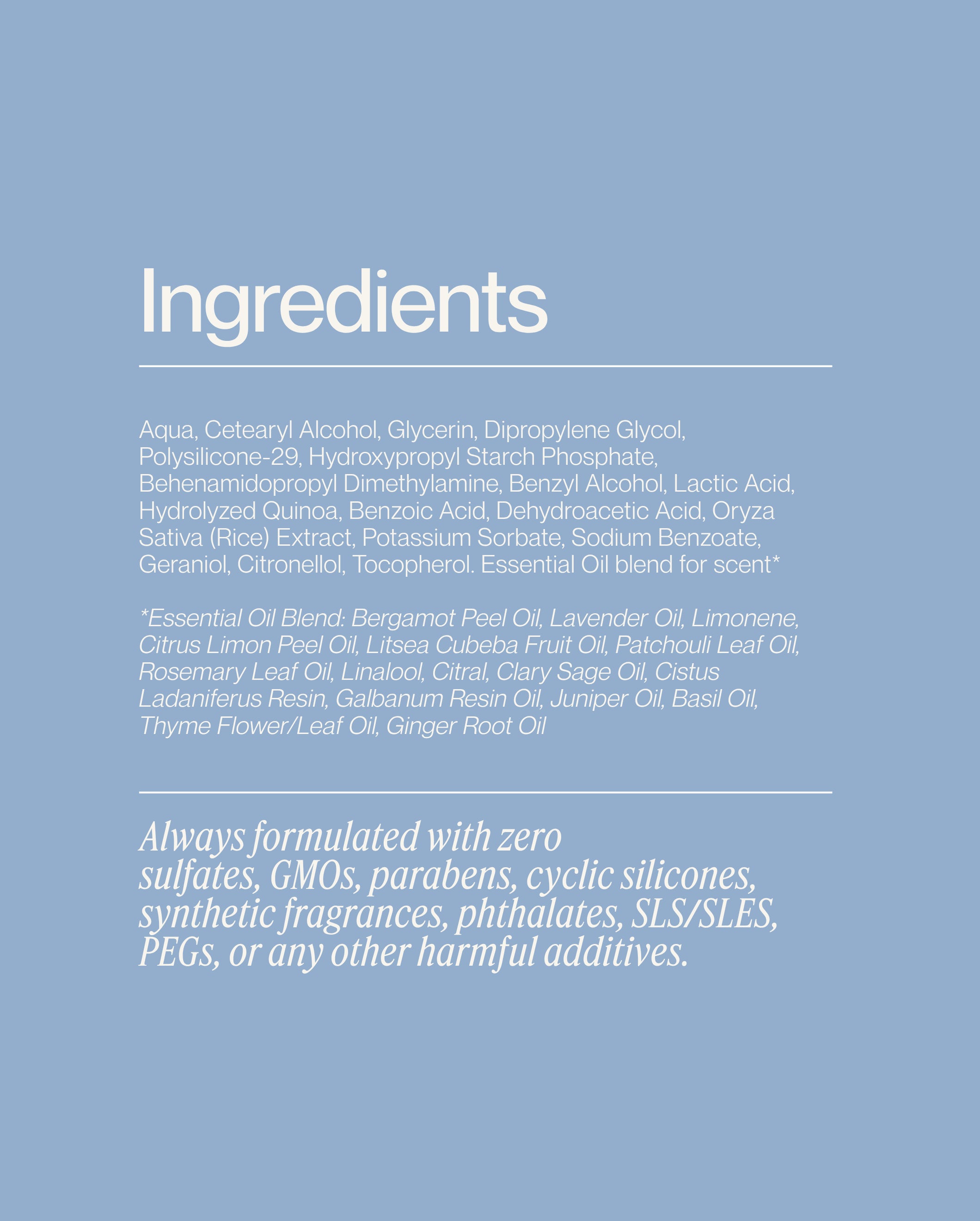 Ingredient list for Blu & Green Weekly Repair Mask featuring clean ingredients with hydrolyzed quinoa, lactic acid, and oryza sativa rice extract with no sulfates, parabens, or synthetic fragrances