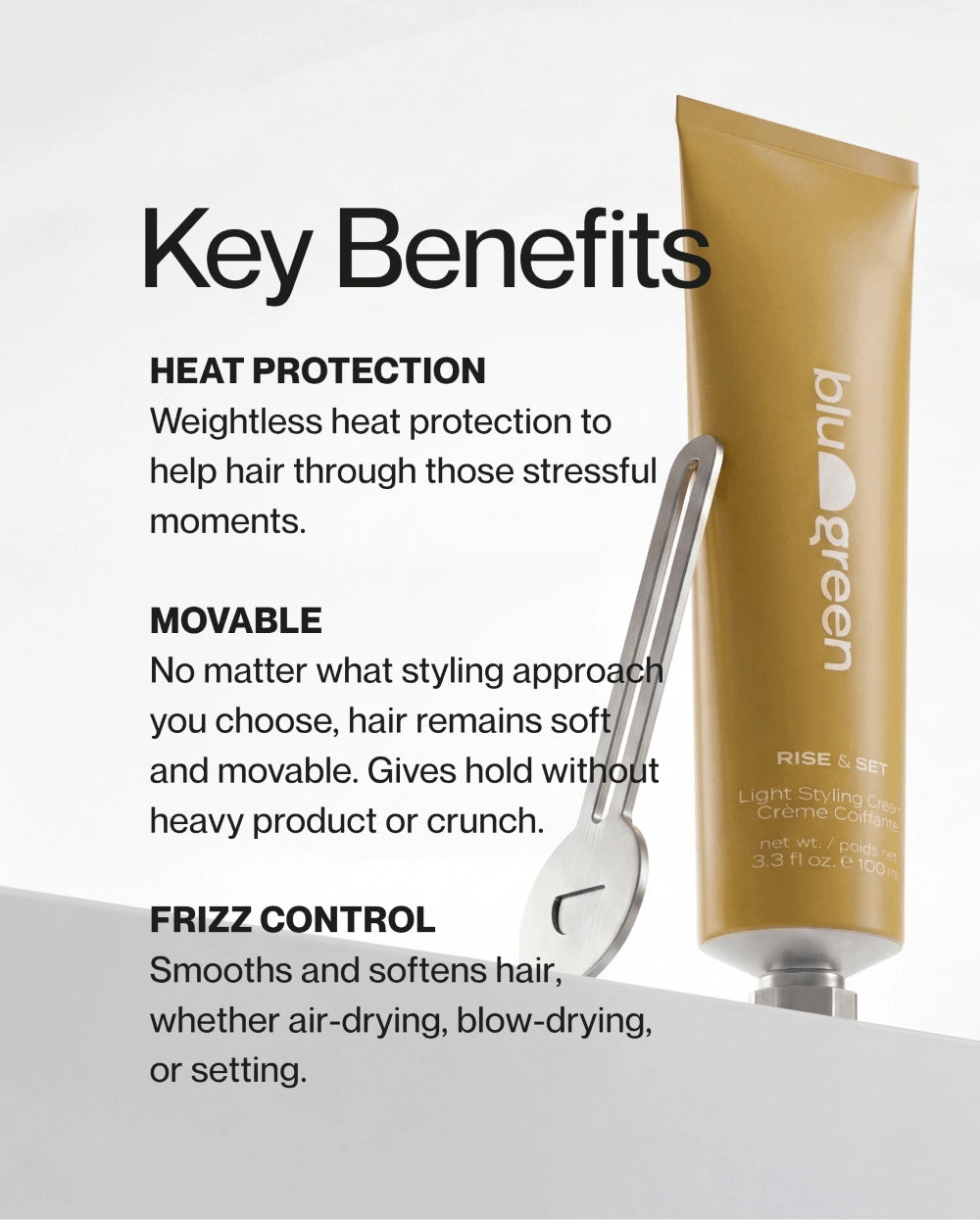 Blu & Green Rise + Set Light Styling Cream key benefits graphic highlighting weightless heat protection, movable hold without stiffness, and frizz smoothing for all styling methods.