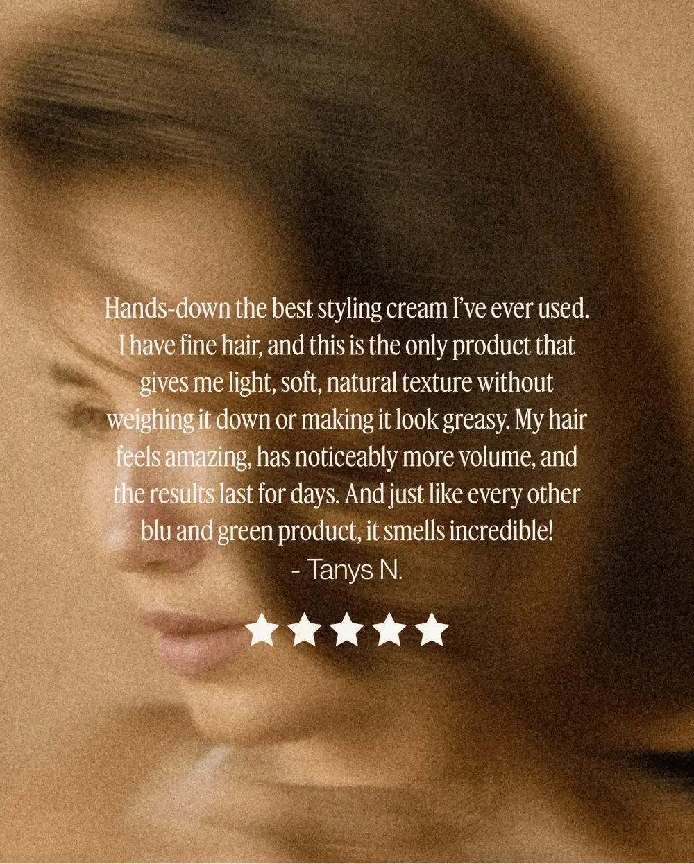 Customer review graphic featuring a five-star rating for Blu & Green Rise + Set Light Styling Cream, highlighting weightless volume, natural texture, and incredible scent for fine hair.