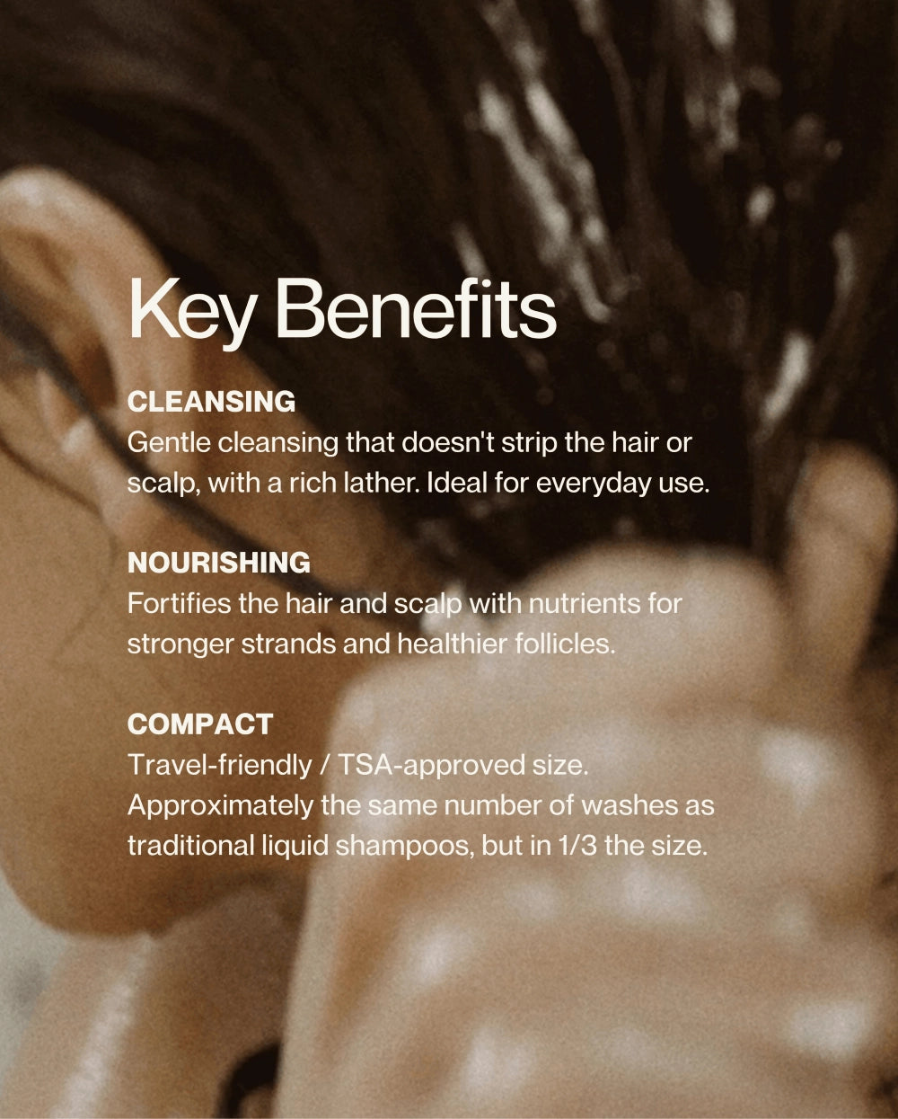 Key benefits of Blu & Green Daily Shampoo Concentrate: gentle cleansing, scalp nourishment, and TSA-approved travel-friendly size with the same washes as traditional liquid shampoo
