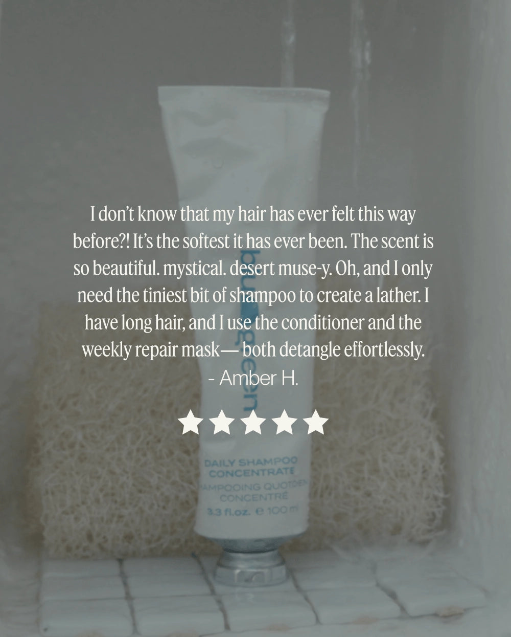 Five-star customer review for Blu & Green Daily Shampoo Concentrate praising soft hair, rich lather, beautiful scent, and effortless detangling for long hair.