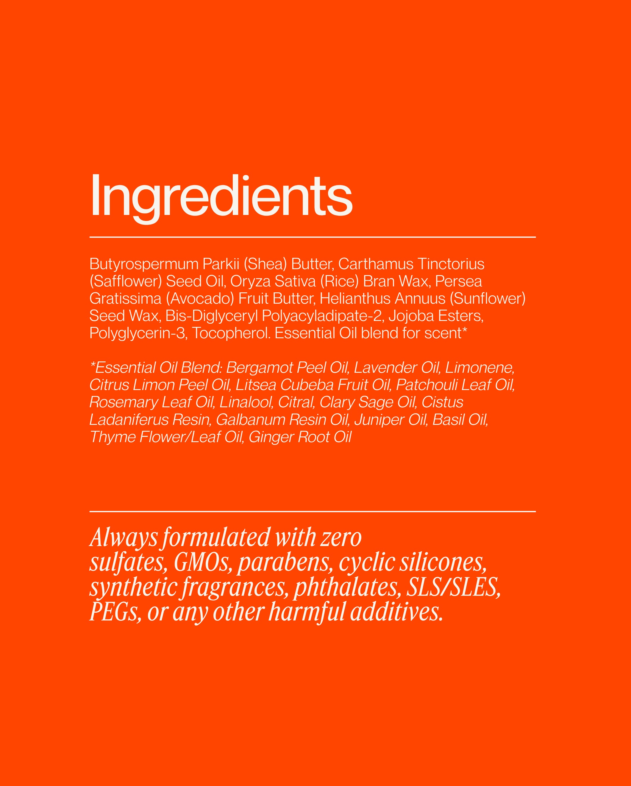 Blu & Green Solid Oil full ingredient list: sulfate-free, paraben-free, SLS-free formula with shea butter, avocado fruit butter, rice bran wax, jojoba esters, and natural essential oil blend.